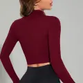 LYYN Kadın Bordo Uzun Kol Fermuarlı Parmak Geçme Detaylı Dik Yaka Crop Top Bluz