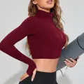 LYYN Kadın Bordo Uzun Kol Fermuarlı Parmak Geçme Detaylı Dik Yaka Crop Top Bluz