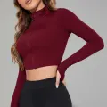 LYYN Kadın Bordo Uzun Kol Fermuarlı Parmak Geçme Detaylı Dik Yaka Crop Top Bluz