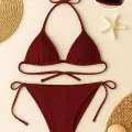LYYN Kadın Bordo Yandan ve Boyundan Bağlamalı Bikini Mayo Takımı