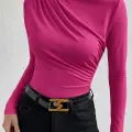 LYYN Kadın Fuşya Belden ve Boyundan Büzgü Detaylı Uzun Kollu Bluz