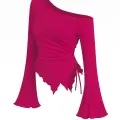 LYYN Kadın Fuşya Uzun İspanyol Kollu Asimetirik Yaka Yandan Bağlamalı Drapeli Bluz