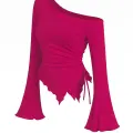 LYYN Kadın Fuşya Uzun İspanyol Kollu Asimetirik Yaka Yandan Bağlamalı Drapeli Bluz