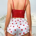 LYYN Kadın Kırmızı Kalp Desenli Şort Askılı Dantel Üst Pijama Takımı 2218