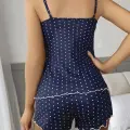LYYN Kadın Lacivert Dantel Detaylı Beyaz Noktalı Şortlu Gecelik Pijama Takımı 5049