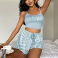 LYYN Kadın Mavi Çizgilidesenli Askılı Şortlu Pijama Takım 9001