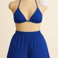 LYYN Kadın Mavi Şortlu Belden ve Boyundan Bağlamalı Bikini Takımı