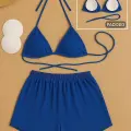 LYYN Kadın Mavi Şortlu Belden ve Boyundan Bağlamalı Bikini Takımı