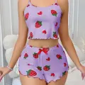 LYYN Kadın Mor Çilek Desenli Şortlu Pijama Takımı 5061