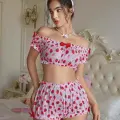 LYYN Kadın Pembe Çilek Desenli Sexy Kostüm 8014