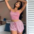 LYYN Kadın Pembe Çizgili Desen Askılı Şortlu Pijama Takım 9002