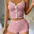 LYYN Kadın Pembe Kalpli Askılı Şortlu Pijama Takım 6654