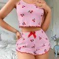 LYYN Kadın Pembe Kiraz Desenli Askılı Şortlu Pijama Takım 6656
