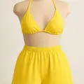 LYYN Kadın Sarı Şortlu Belden ve Boyundan Bağlamalı Bikini Takımı