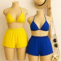 LYYN Kadın Sarı ve Mavi Şortlu Belden ve Boyundan Bağlamalı Bikini Takımı