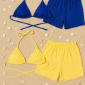 LYYN Kadın Sarı ve Mavi Şortlu Belden ve Boyundan Bağlamalı Bikini Takımı