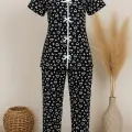 LYYN Kadın Siyah Beyaz Kalp Desenli Fiyonklu Kısa Kollu Pijama Takımı