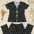 LYYN Kadın Siyah Beyaz Kalp Desenli Fiyonklu Kısa Kollu Pijama Takımı