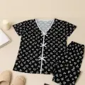 LYYN Kadın Siyah Beyaz Kalp Desenli Fiyonklu Kısa Kollu Pijama Takımı