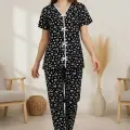 LYYN Kadın Siyah Kalp Desenli Fiyonklu Kısa Kollu Uzun Pijama Takımı