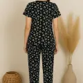 LYYN Kadın Siyah Kalp Desenli Fiyonklu Kısa Kollu Uzun Pijama Takımı