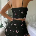 LYYN Kadın Siyah Kiraz Desenli Seksi Gecelik Takım 9003