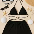 LYYN Kadın Siyah Şortlu Belden ve Boyundan Bağlamalı Bikini Takımı
