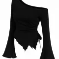 LYYN Kadın Siyah Uzun İspanyol Kollu Asimetirik Yaka Yandan Bağlamalı Drapeli Bluz
