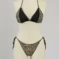 LYYN Kadın Siyah ve Leopar Detaylı Yandan Bağlamalı Bikini Takımı