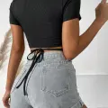 LYYN Kadın Siyah Yarım Kol Çapraz Bağlamalı Crop Top Bluz