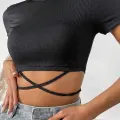 LYYN Kadın Siyah Yarım Kol Çapraz Bağlamalı Crop Top Bluz