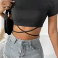 LYYN Kadın Siyah Yarım Kol Çapraz Bağlamalı Crop Top Bluz