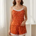 LYYN Kadın Turuncu Kalp Desenli Askılı Şortlu Dantelli Pijama Takımı