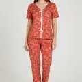 LYYN Kadın Turuncu Kalp Desenli Fiyonklu Kısa Kollu Uzun Pijama Takımı