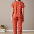 LYYN Kadın Turuncu Kalp Desenli Fiyonklu Kısa Kollu Uzun Pijama Takımı