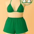 LYYN Kadın Yeşil Şortlu Belden ve Boyundan Bağlamalı Bikini Takımı