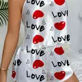 LYYN Love Desenli Beyaz Saten Şortlu Gecelik Takım