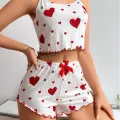 LYYN Pamuklu Beyaz Üstüne Kırmızı Kalp Desenli Askılı Şortlu Pijama Takımı