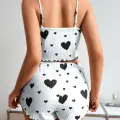 LYYN Pamuklu Beyaz Üstüne Siyah Kalp Desen Fitilli Askılı Şortlu Pijama Takımı