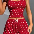 LYYN Pamuklu Kırmızı Üstüne Beyaz Kalp Desen Fitilli Askılı Şortlu Pijama Takımı