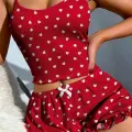 LYYN Pamuklu Kırmızı Üstüne Beyaz Kalp Desen Fitilli Askılı Şortlu Pijama Takımı