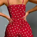 LYYN Pamuklu Kırmızı Üstüne Beyaz Kalp Desen Fitilli Askılı Şortlu Pijama Takımı