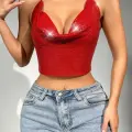 Parlak Kırmızı Crop & Bluz Kolsuz Kayık Yaka Zırh Büstiyer
