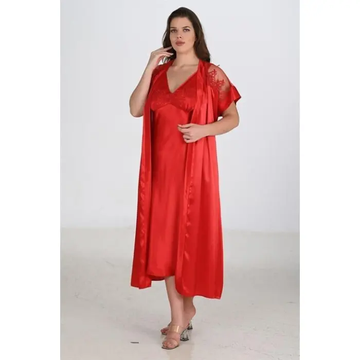 2li Kırmızı Sabahlık Takımı Bigsize 6226