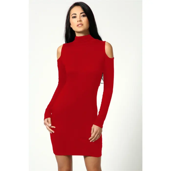 B101177 Omuzu Açık Uzun Kollu Elbise