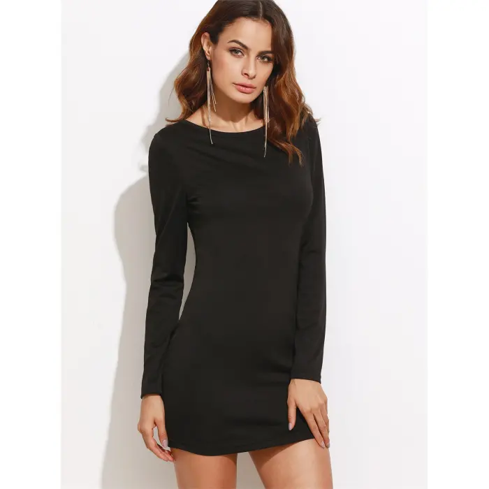 B101321 Sırt Dekolteli Uzun Kollu Mini Elbise