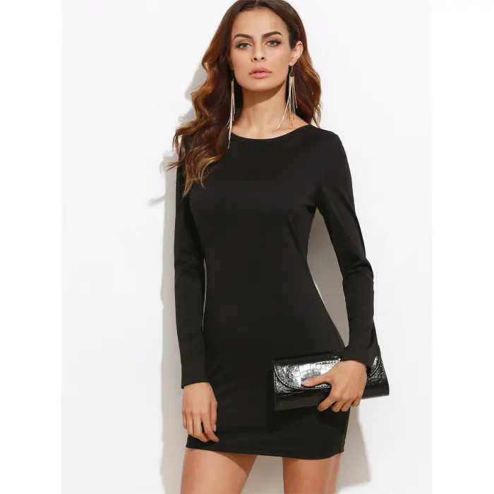 B101321 Sırt Dekolteli Uzun Kollu Mini Elbise