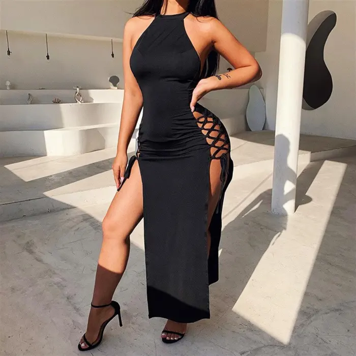 Bayan Yandan Bağlı Yırbrfaçlı Siyah Elbise