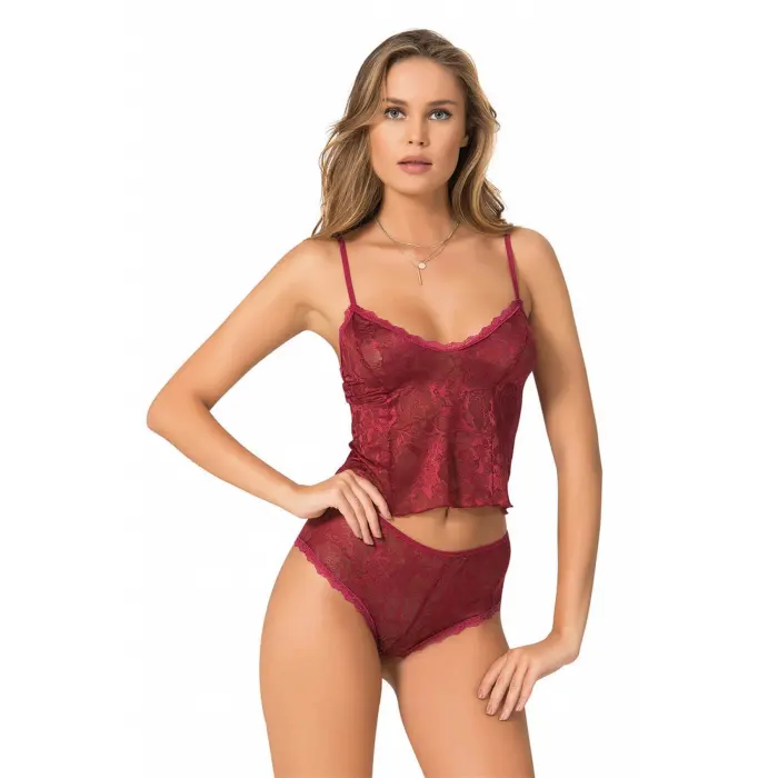 Bordo Jakarlı Babydoll Şort Takımı
