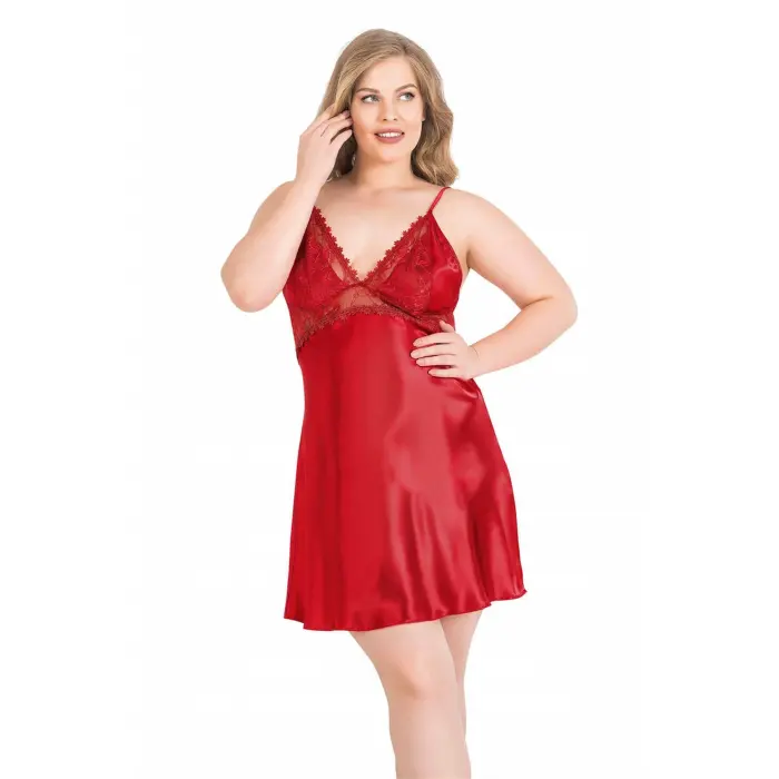 Büyük Beden Kırmızı Kısa Saten Gecelik